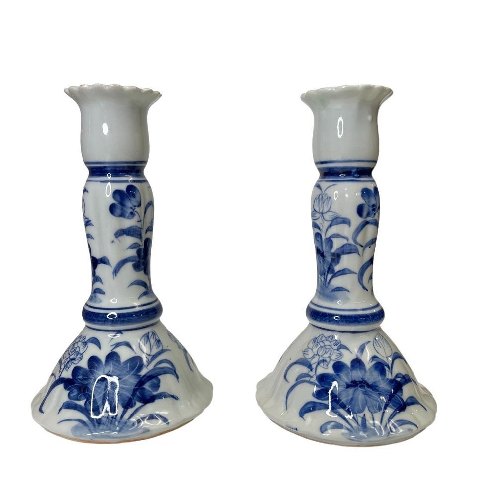 Two Thai Blue and White Floral Hand Painted Stoneware Candle Stick Holders Vtg - Picture 3 of 8